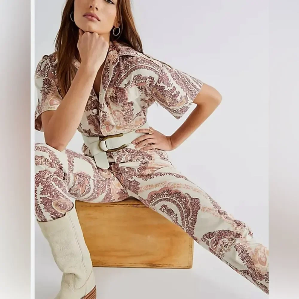 We The Free Cream and Brown Paisley Jumpsuit